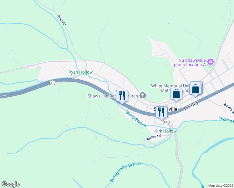 map of restaurants, bars, coffee shops, grocery stores, and more near 6660 Roanoke Road in Shawsville