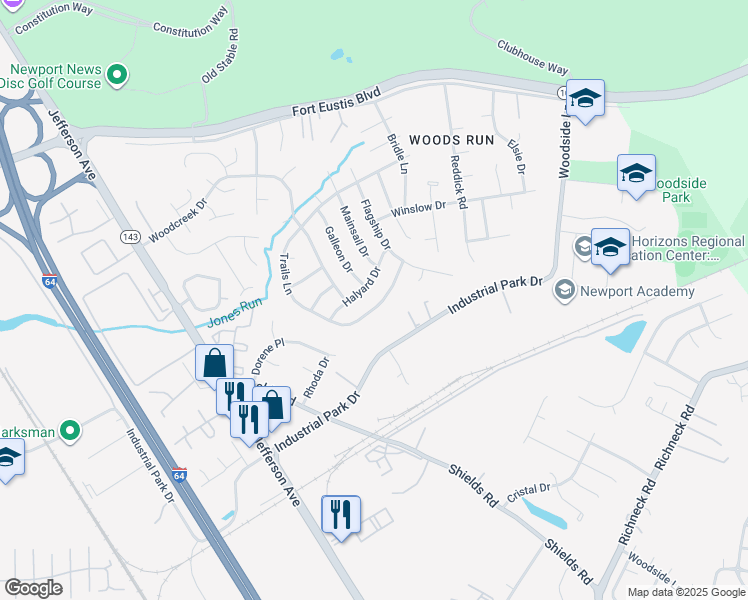 map of restaurants, bars, coffee shops, grocery stores, and more near 656 Trails Ln in Newport News