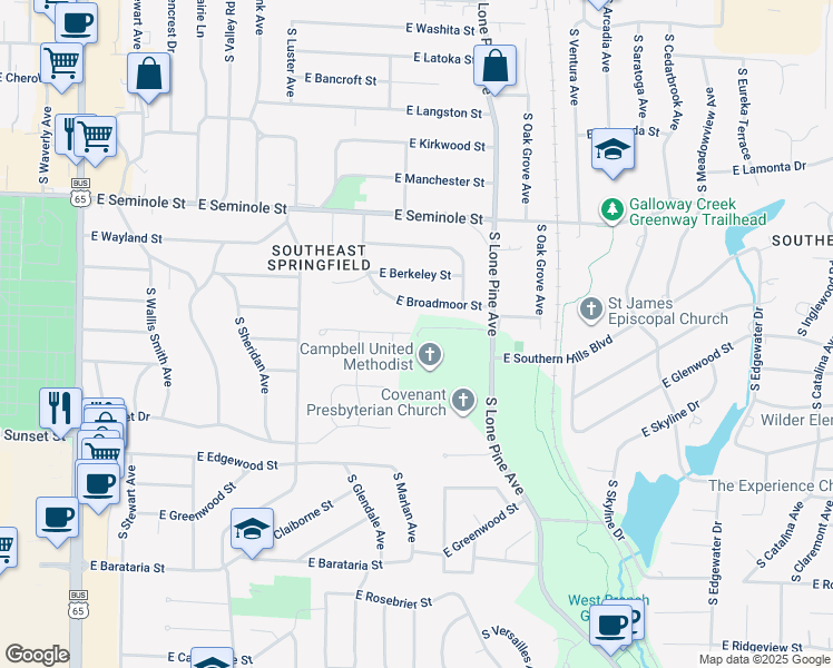map of restaurants, bars, coffee shops, grocery stores, and more near 2412 East Fritts Lane in Springfield