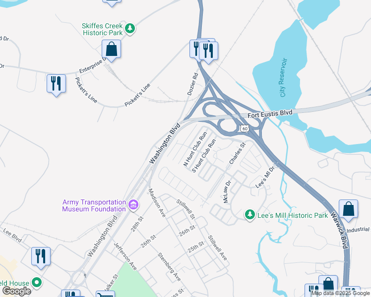map of restaurants, bars, coffee shops, grocery stores, and more near 199 North Hunt Club Run in Newport News