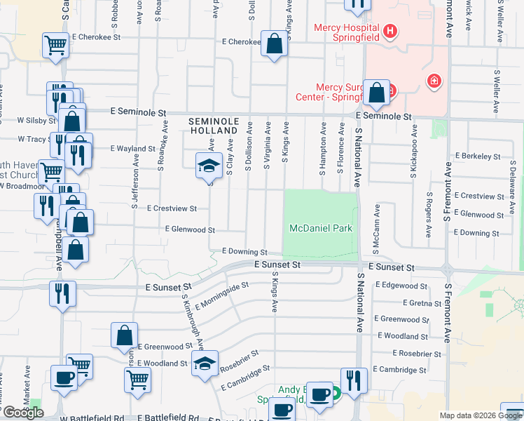 map of restaurants, bars, coffee shops, grocery stores, and more near 2444 South Dollison Avenue in Springfield
