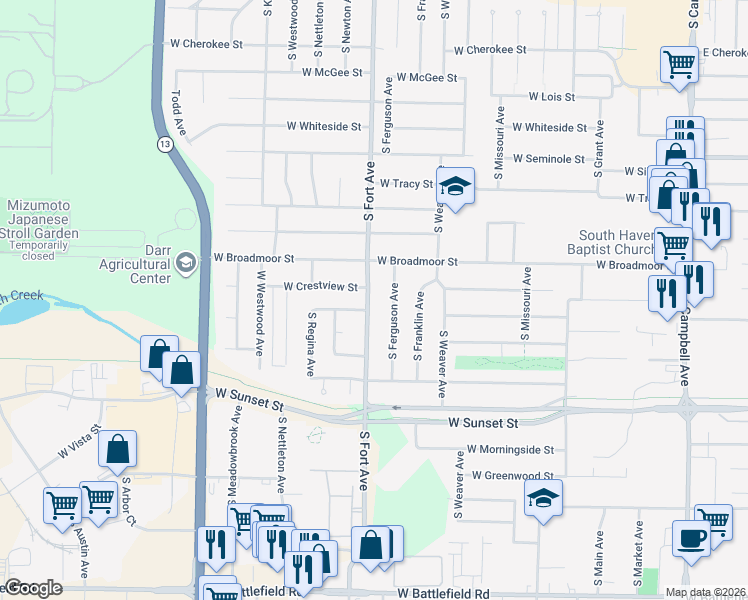 map of restaurants, bars, coffee shops, grocery stores, and more near 2452 South Fort Avenue in Springfield