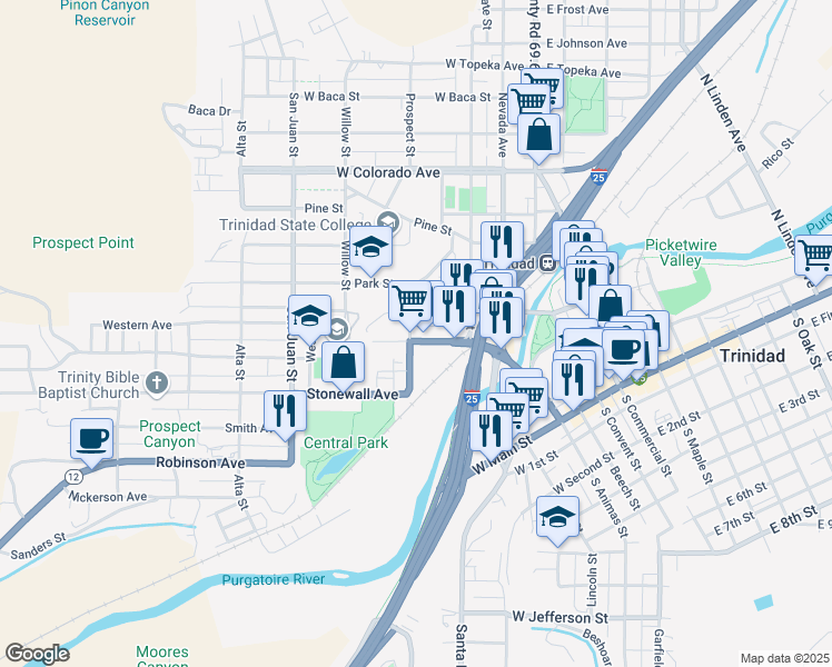 map of restaurants, bars, coffee shops, grocery stores, and more near 501-599 University St in Trinidad