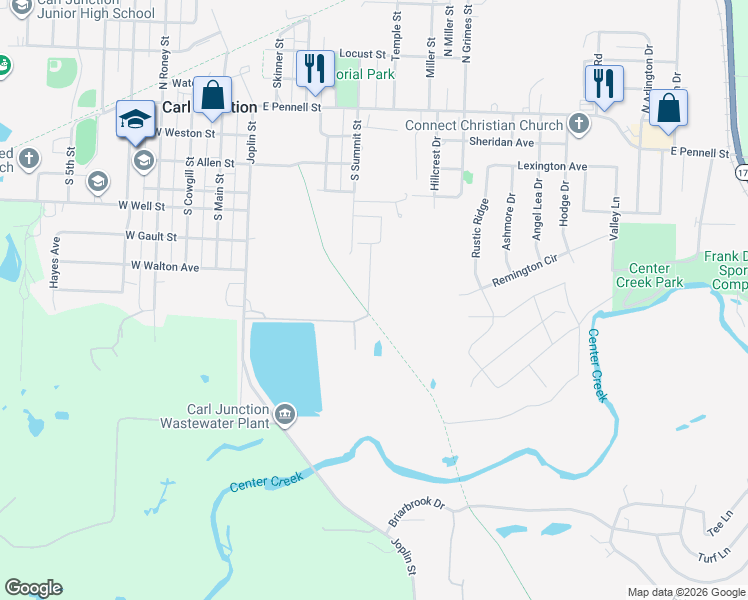 map of restaurants, bars, coffee shops, grocery stores, and more near 625 Valley View in Carl Junction