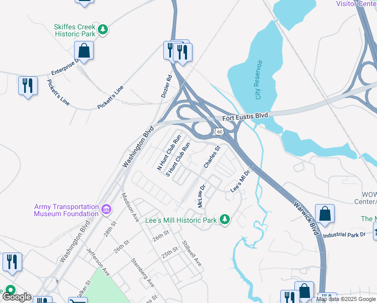 map of restaurants, bars, coffee shops, grocery stores, and more near 207 Quarter Trail in Newport News