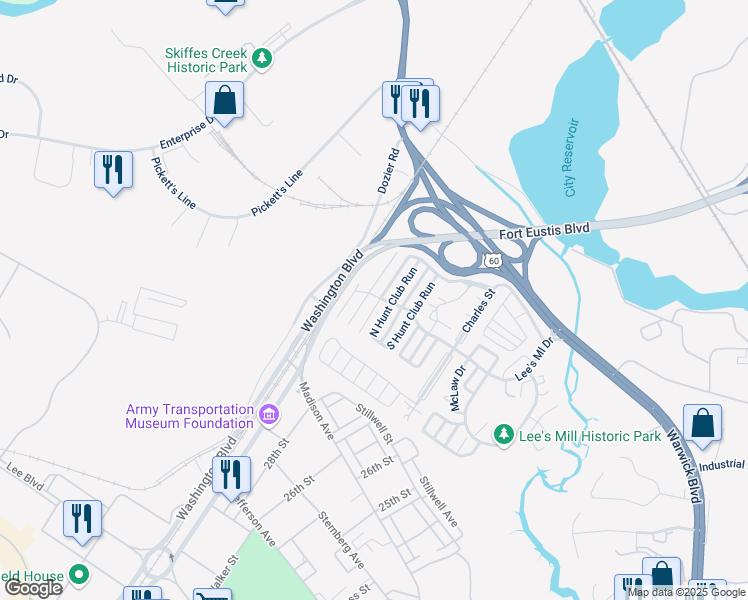 map of restaurants, bars, coffee shops, grocery stores, and more near 197 Gate House Road in Newport News