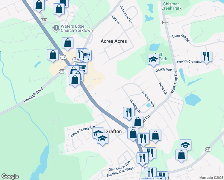 map of restaurants, bars, coffee shops, grocery stores, and more near 614 Holmes Boulevard in Yorktown