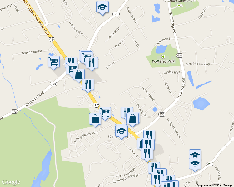 map of restaurants, bars, coffee shops, grocery stores, and more near 614 Holmes Boulevard in Yorktown