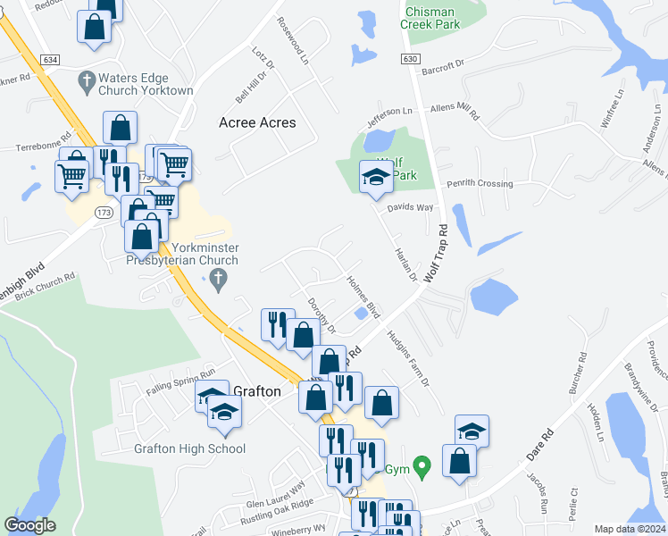 map of restaurants, bars, coffee shops, grocery stores, and more near 307 Holmes Boulevard in Yorktown