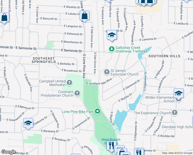 map of restaurants, bars, coffee shops, grocery stores, and more near 2368 South Oak Grove Avenue in Springfield