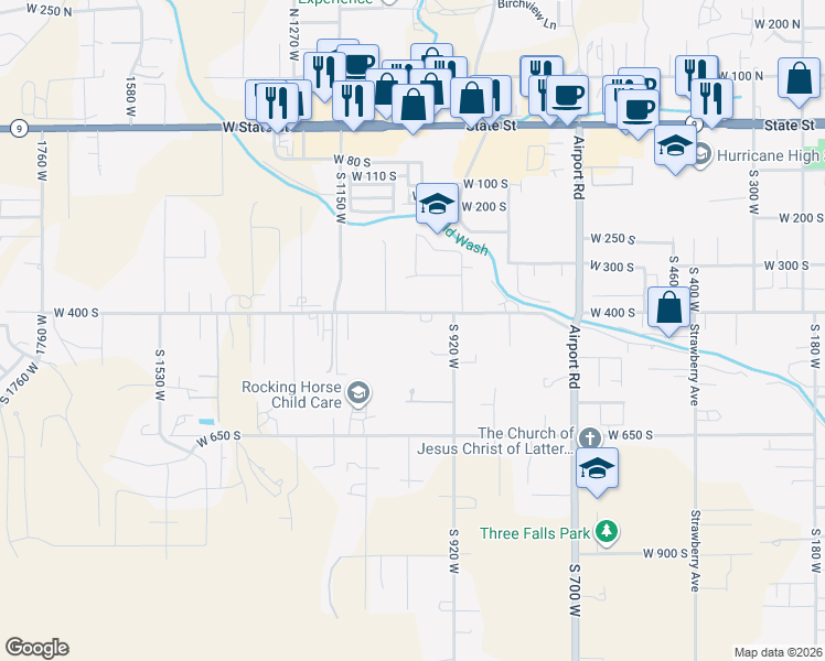 map of restaurants, bars, coffee shops, grocery stores, and more near 991 W 400 S in Hurricane