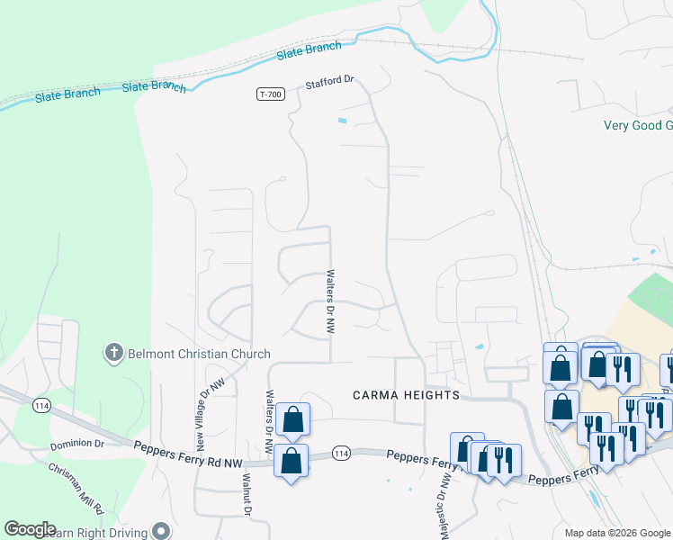 map of restaurants, bars, coffee shops, grocery stores, and more near 685 Walters Drive Northwest in Christiansburg