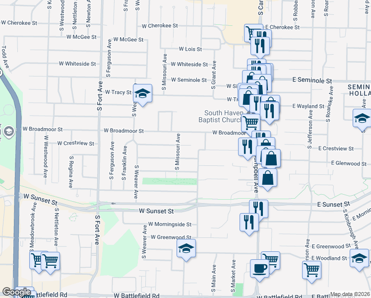 map of restaurants, bars, coffee shops, grocery stores, and more near 754 West Crestview Street in Springfield