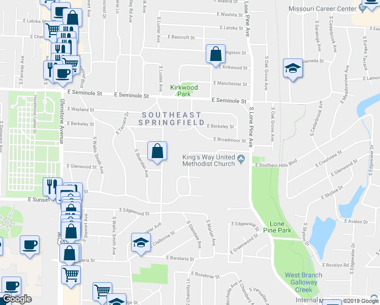map of restaurants, bars, coffee shops, grocery stores, and more near 2301 East Fritts Lane in Springfield