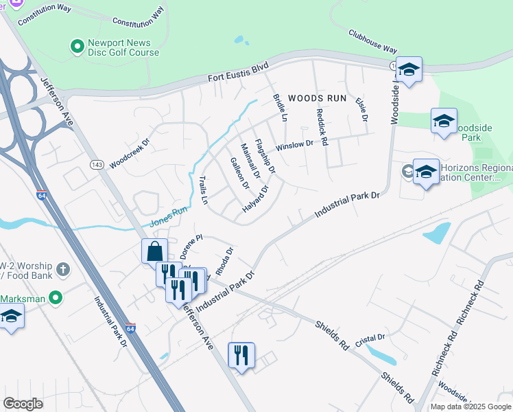 map of restaurants, bars, coffee shops, grocery stores, and more near 716 Halyard Drive in Newport News