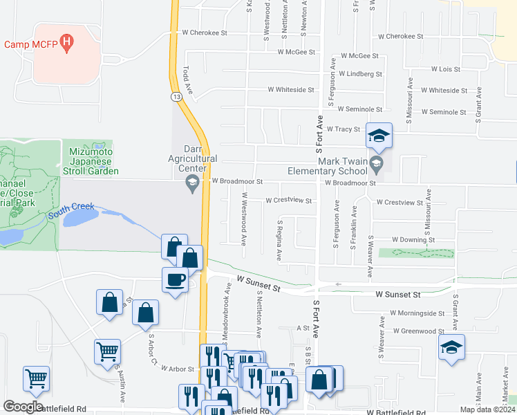 map of restaurants, bars, coffee shops, grocery stores, and more near 2447 South Nettleton Avenue in Springfield