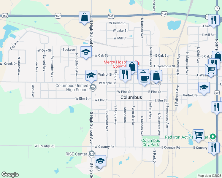 map of restaurants, bars, coffee shops, grocery stores, and more near 101-199 South Florida Avenue in Columbus
