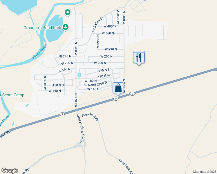 map of restaurants, bars, coffee shops, grocery stores, and more near 91 3450 West in Hurricane
