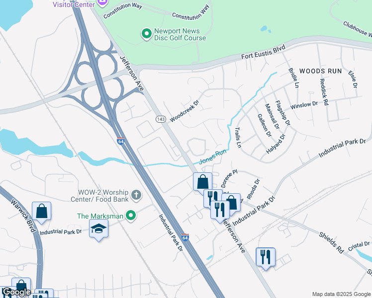 map of restaurants, bars, coffee shops, grocery stores, and more near 800 Skelton Way in Newport News