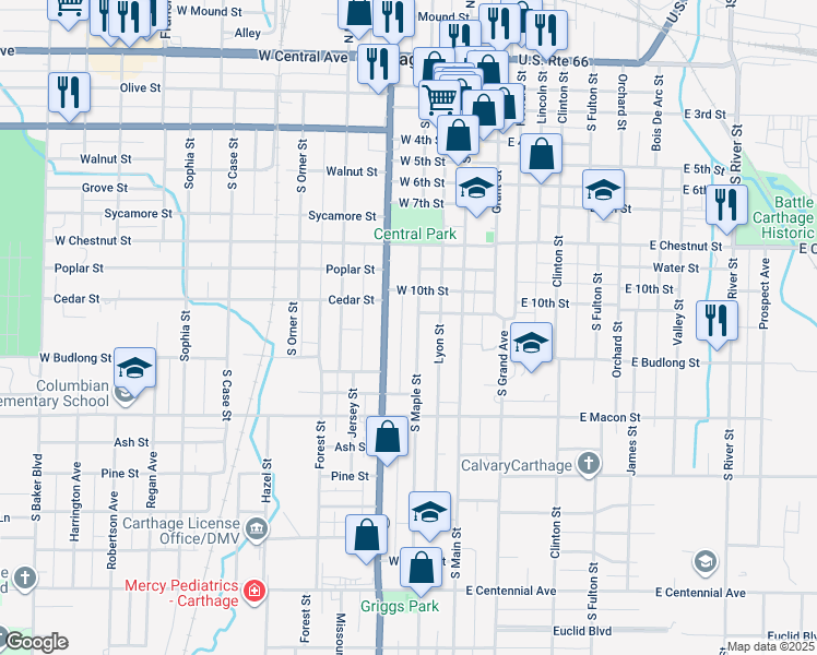 map of restaurants, bars, coffee shops, grocery stores, and more near 1034 S Garrison Ave in Carthage