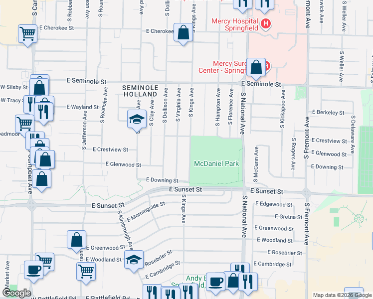 map of restaurants, bars, coffee shops, grocery stores, and more near 2437 South Kings Avenue in Springfield