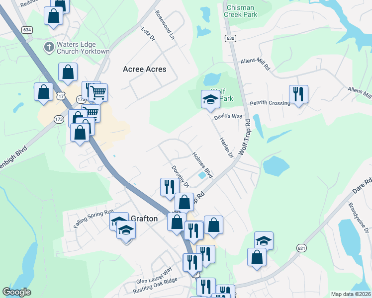 map of restaurants, bars, coffee shops, grocery stores, and more near 100 Karley Place in Yorktown