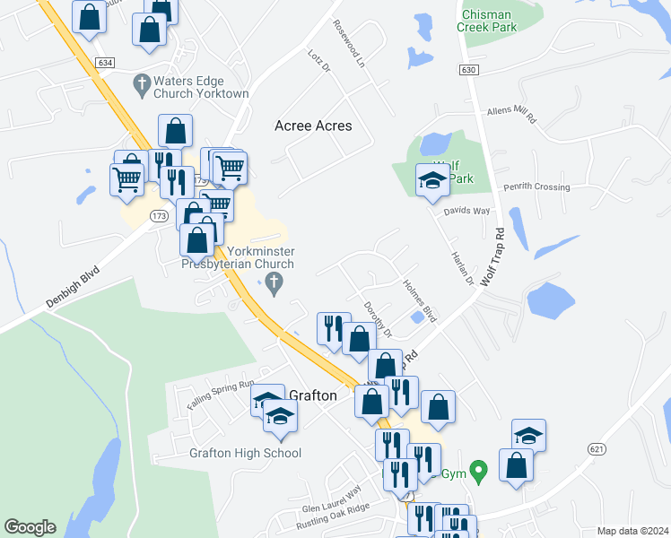 map of restaurants, bars, coffee shops, grocery stores, and more near 421 Dorothy Drive in Yorktown