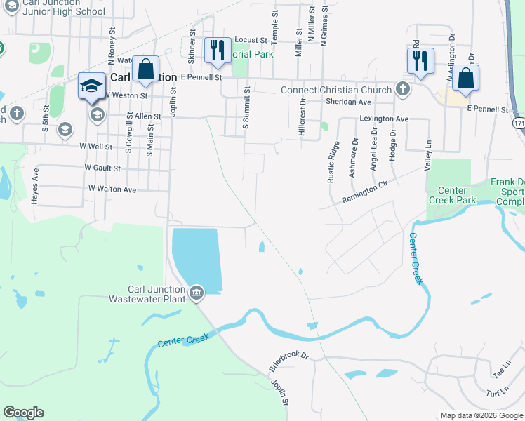 map of restaurants, bars, coffee shops, grocery stores, and more near 625 Valley View in Carl Junction