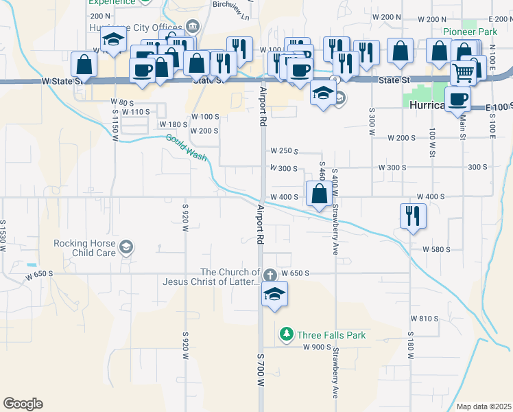 map of restaurants, bars, coffee shops, grocery stores, and more near 718 West 400 South in Hurricane