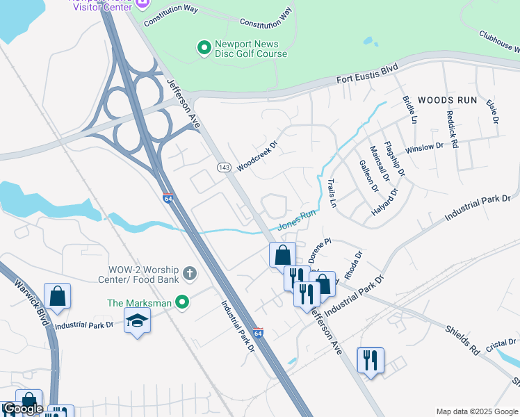 map of restaurants, bars, coffee shops, grocery stores, and more near 800 Skelton Way in Newport News