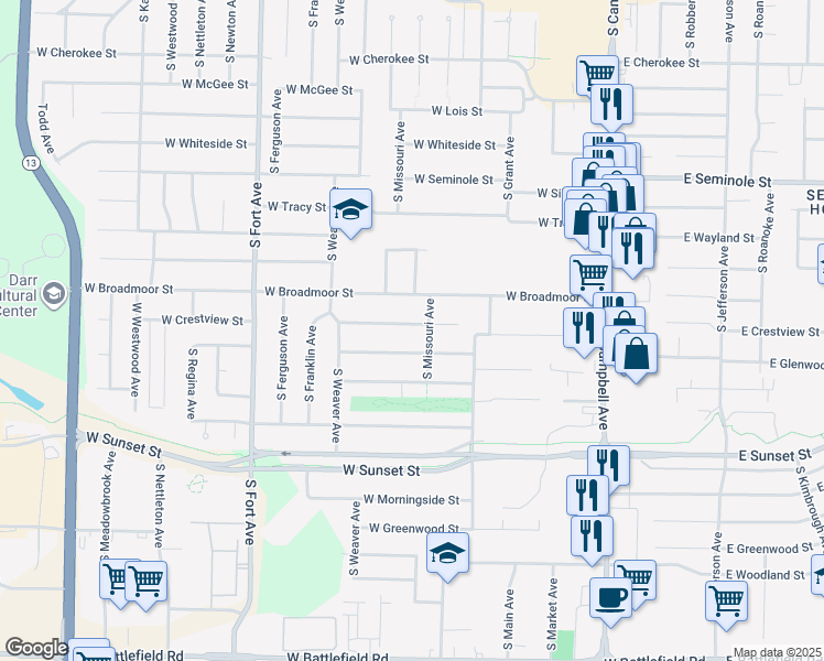 map of restaurants, bars, coffee shops, grocery stores, and more near 836 West Crestview Street in Springfield