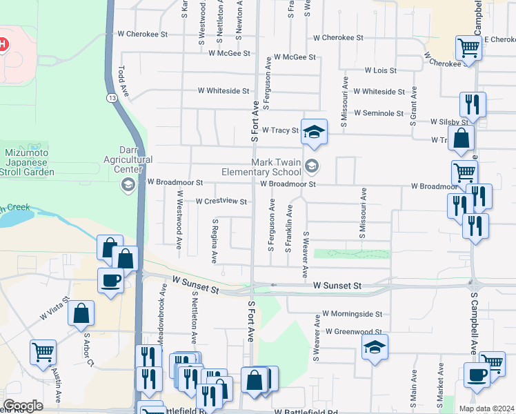map of restaurants, bars, coffee shops, grocery stores, and more near 2442 South Fort Avenue in Springfield