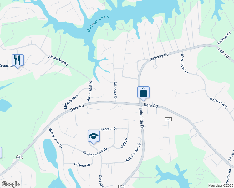 map of restaurants, bars, coffee shops, grocery stores, and more near 105 Albacore Drive in Yorktown
