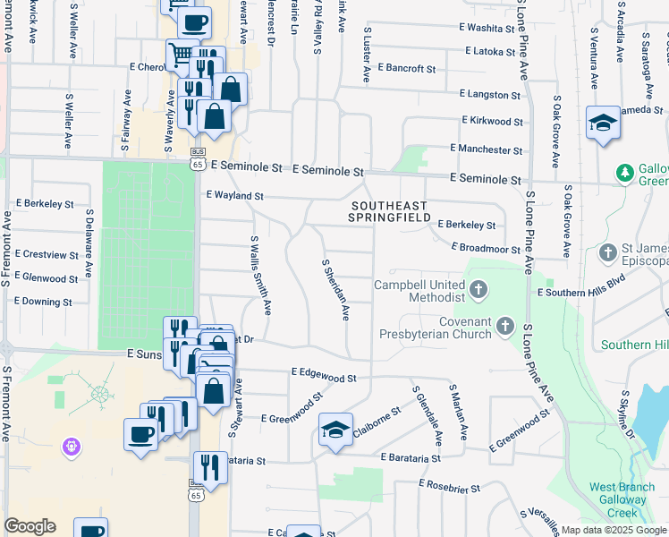 map of restaurants, bars, coffee shops, grocery stores, and more near 2424 South Sheridan Avenue in Springfield