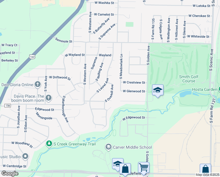 map of restaurants, bars, coffee shops, grocery stores, and more near 2505 South Overhill Avenue in Springfield