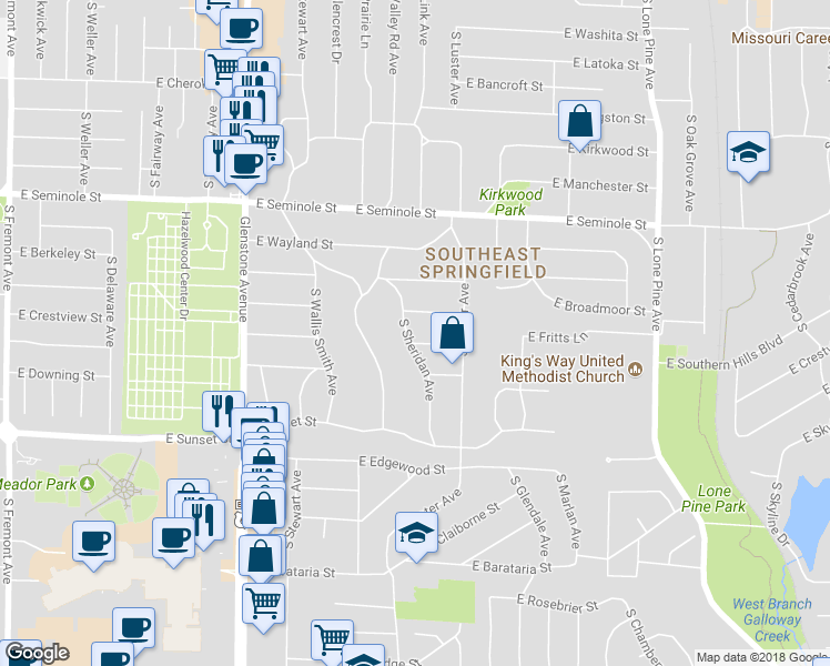 map of restaurants, bars, coffee shops, grocery stores, and more near 2424 South Sheridan Avenue in Springfield