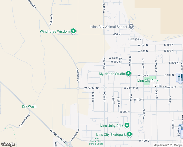 map of restaurants, bars, coffee shops, grocery stores, and more near 506 North Tenaya Drive in Ivins