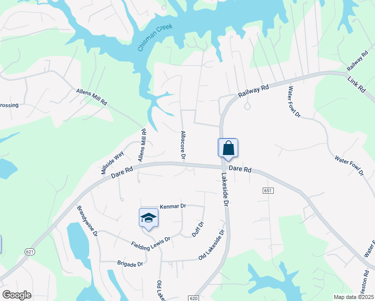 map of restaurants, bars, coffee shops, grocery stores, and more near 105 Albacore Drive in Yorktown