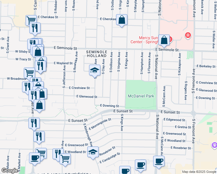 map of restaurants, bars, coffee shops, grocery stores, and more near 2431 South Dollison Avenue in Springfield