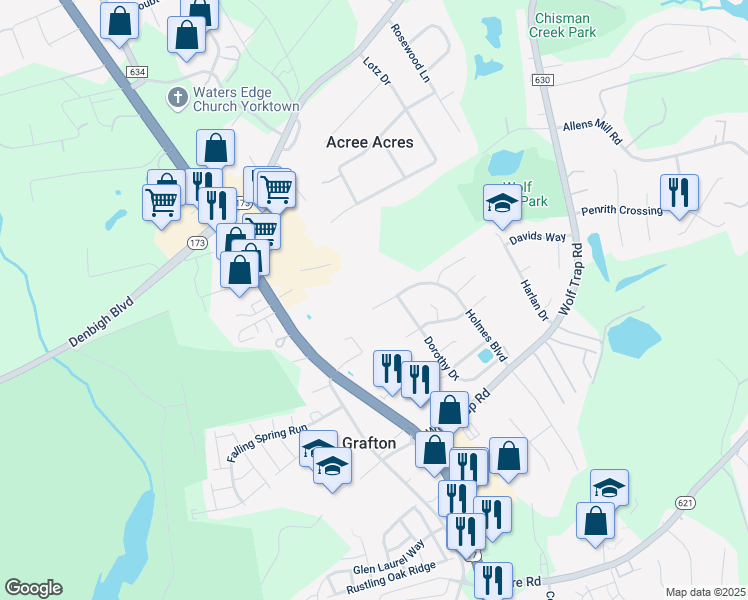 map of restaurants, bars, coffee shops, grocery stores, and more near 610 Holmes Boulevard in Yorktown