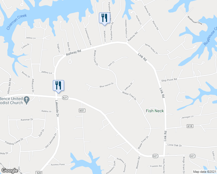 map of restaurants, bars, coffee shops, grocery stores, and more near 105 Blue Heron Drive in Yorktown