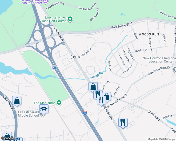 map of restaurants, bars, coffee shops, grocery stores, and more near 115 Whitewater Drive in Newport News