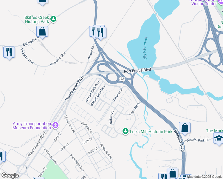 map of restaurants, bars, coffee shops, grocery stores, and more near 214 Quarter Trail in Newport News