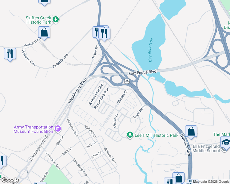 map of restaurants, bars, coffee shops, grocery stores, and more near 214 Quarter Trail in Newport News