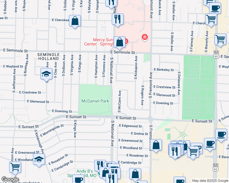 map of restaurants, bars, coffee shops, grocery stores, and more near 2430 South National Avenue in Springfield