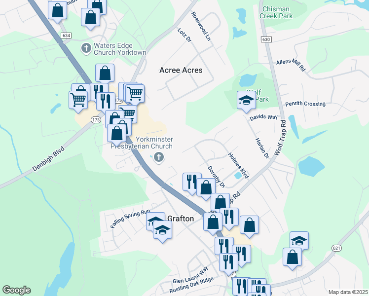 map of restaurants, bars, coffee shops, grocery stores, and more near 608 Holmes Boulevard in Yorktown
