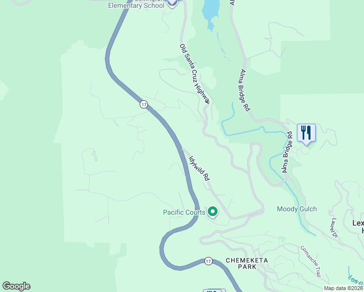 map of restaurants, bars, coffee shops, grocery stores, and more near 18655 Idylwild Road in Los Gatos