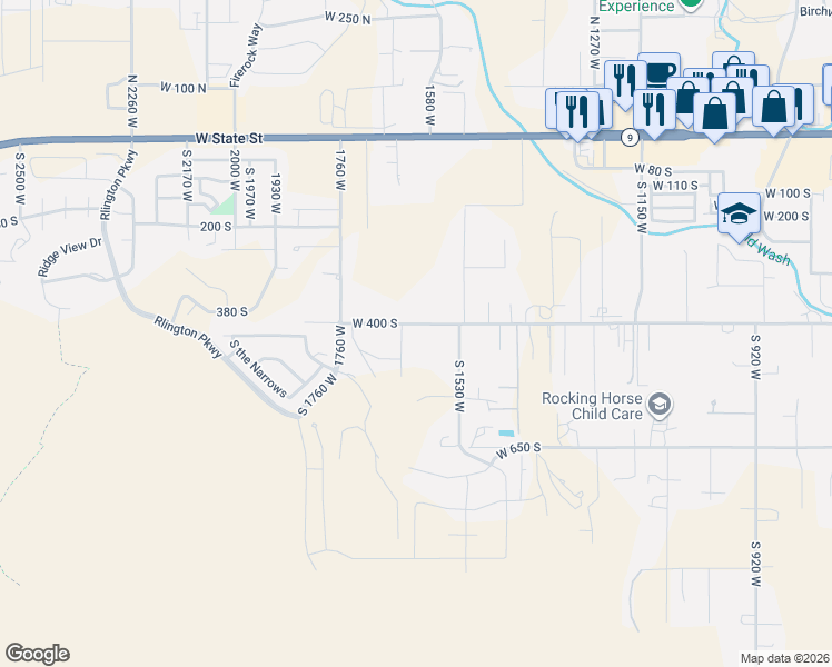 map of restaurants, bars, coffee shops, grocery stores, and more near 1585 West 400 South in Hurricane