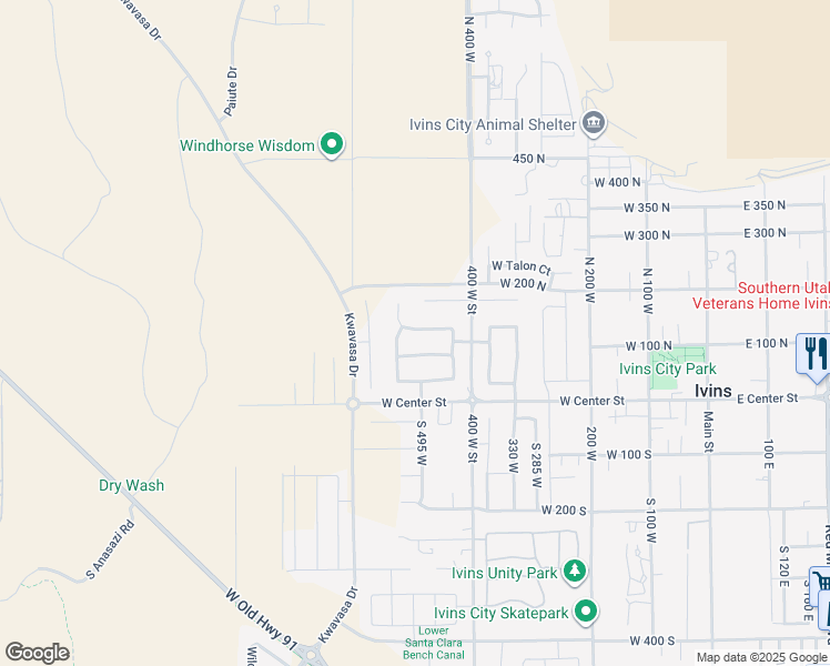 map of restaurants, bars, coffee shops, grocery stores, and more near 506 North Tenaya Drive in Ivins