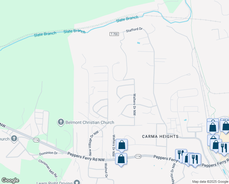 map of restaurants, bars, coffee shops, grocery stores, and more near 35 Massie Drive Northwest in Christiansburg
